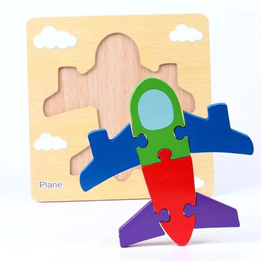 Wooden airplane puzzle with colorful pieces on a white background