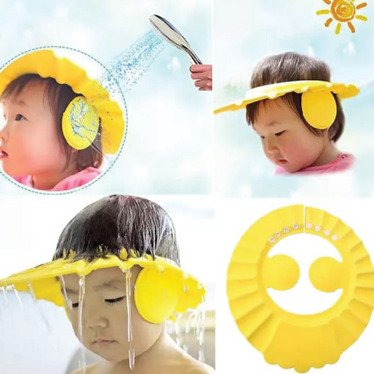 Yellow shower cap with ear flaps for children, shown on a child and close-up details.