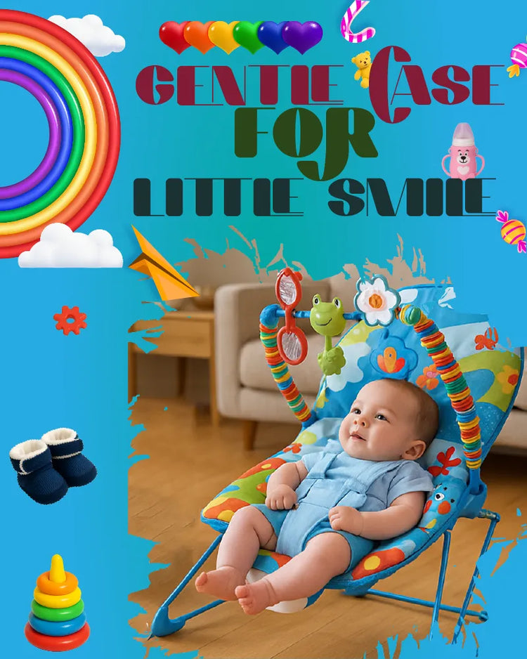 Baby in a colorful carry cot  with toys and text on a blue background