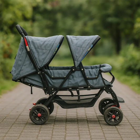 Blue tandem stroller on a paved path with greenery in the background
