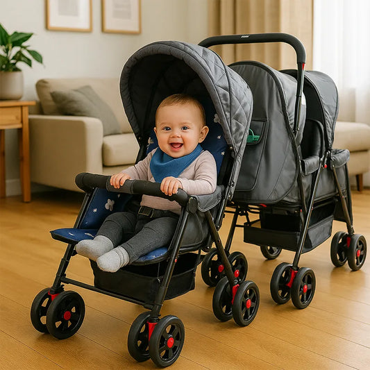 Grey Baby Stroller with Canopy & Storage Basket – Lightweight Foldable Pram for Daily Use