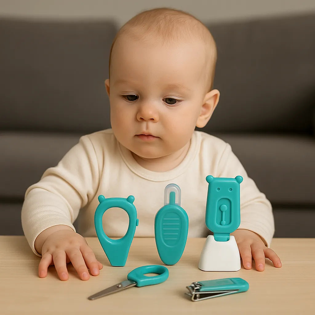 Baby playing with toys tools on a table