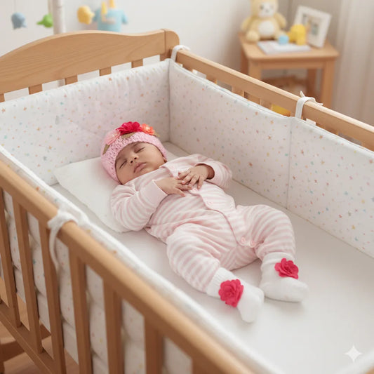 Baby in a crib wearing a pink outfit with floral details, surrounded by a cozy nursery.