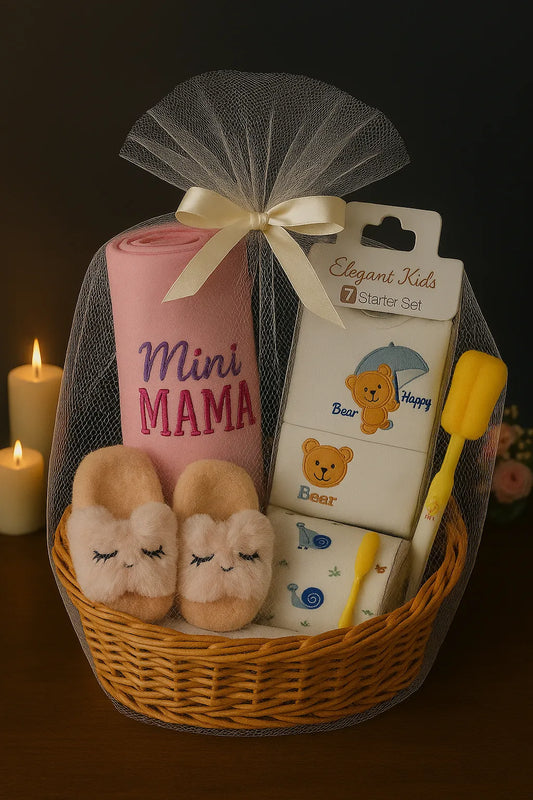Newborn Baby Girl Gift Basket Set – “Mini Mama” Pink Theme (Elegant Kids 5-Piece Starter Set)