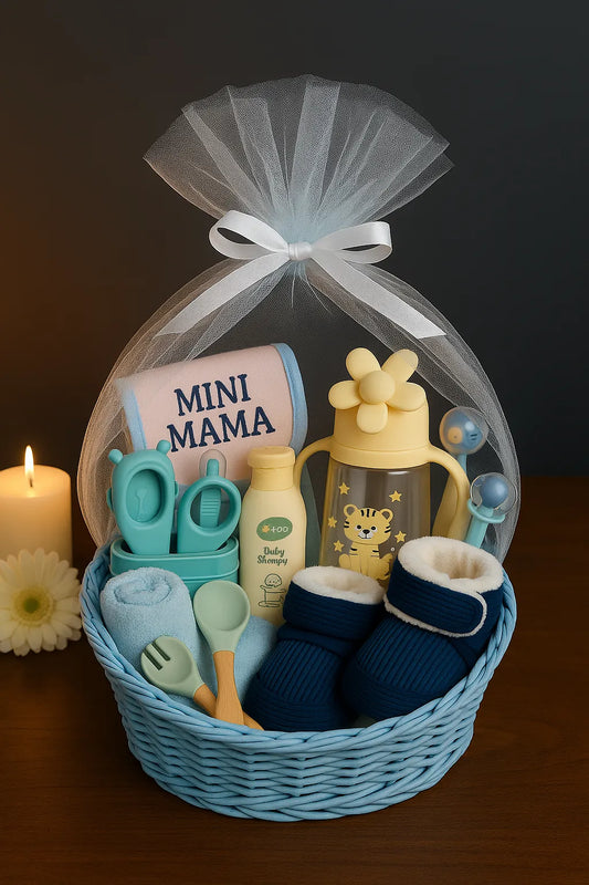 Newborn Baby Boy Gift Basket – “Mini Mama” Yellow & Blue Essentials Set (Premium Newborn Hamper)