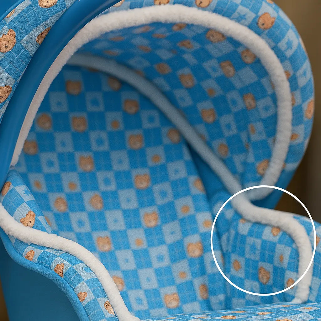 Close-up of a blue baby cot with teddy bear pattern
