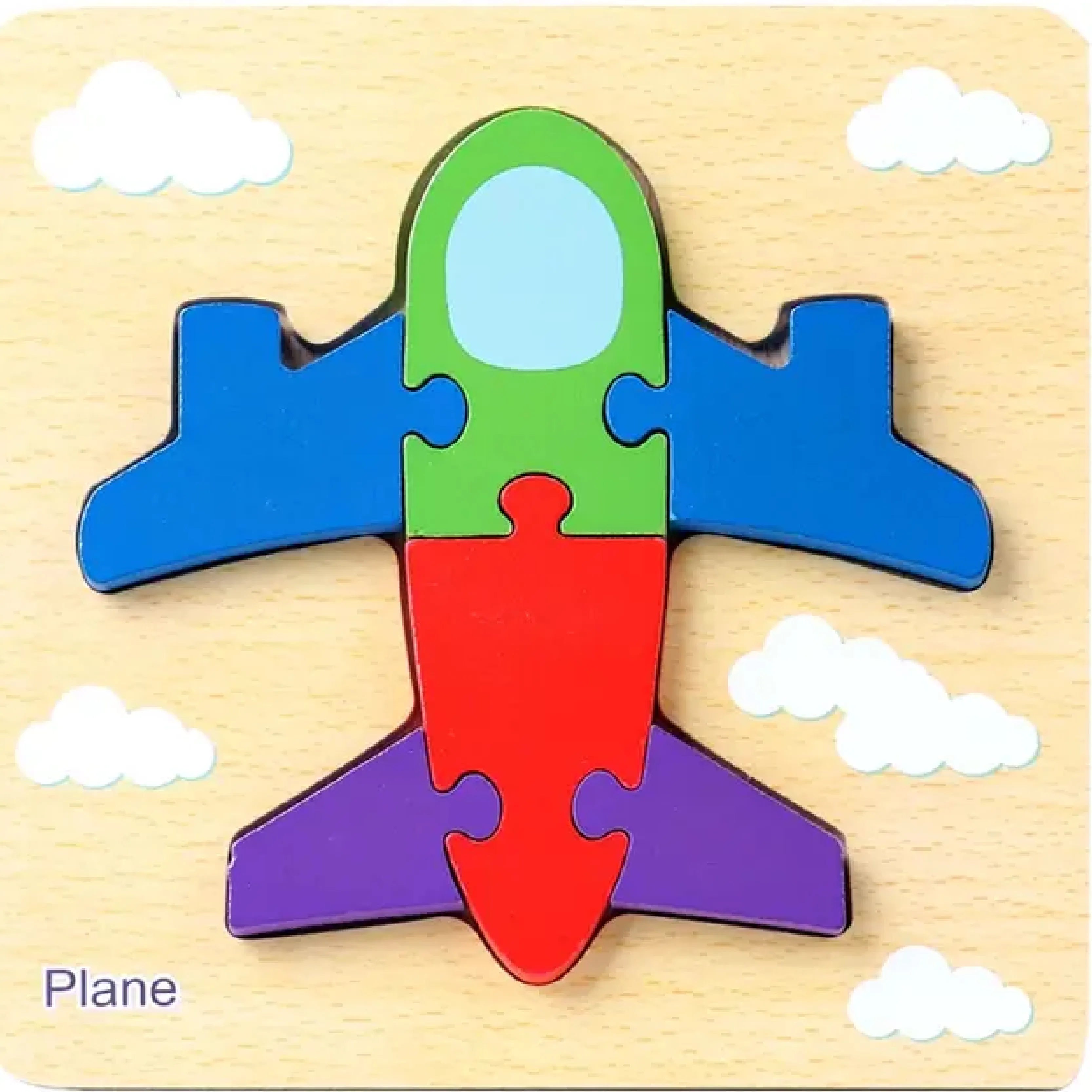 Wooden airplane puzzle with colorful pieces on a wooden base with cloud decorations.