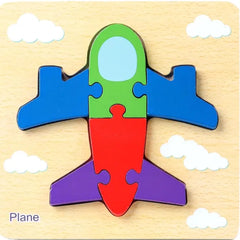 Wooden airplane puzzle with colorful pieces on a wooden base with cloud decorations.