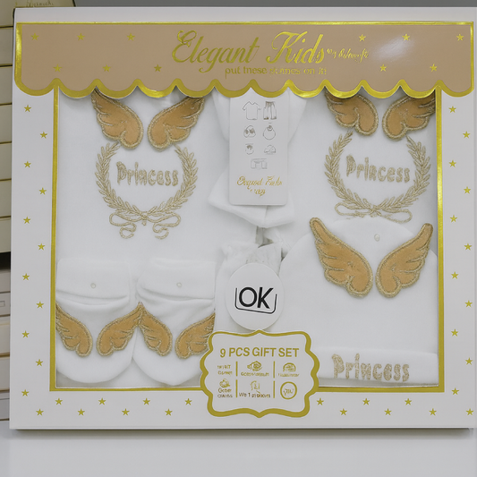 Elegant Kids “Princess” 9-Piece Newborn Gift Set – Premium Cotton Baby Clothing Set (Gold Embroidery)