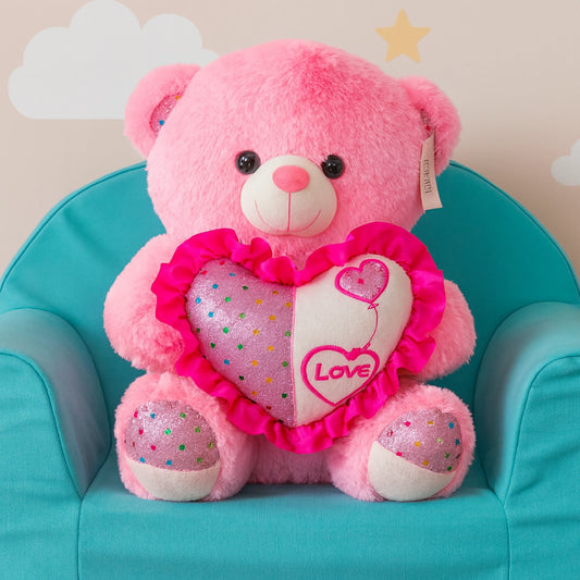 Soft Pink Teddy Bear with Heart Cushion (40–60 cm) – Perfect Love Gift