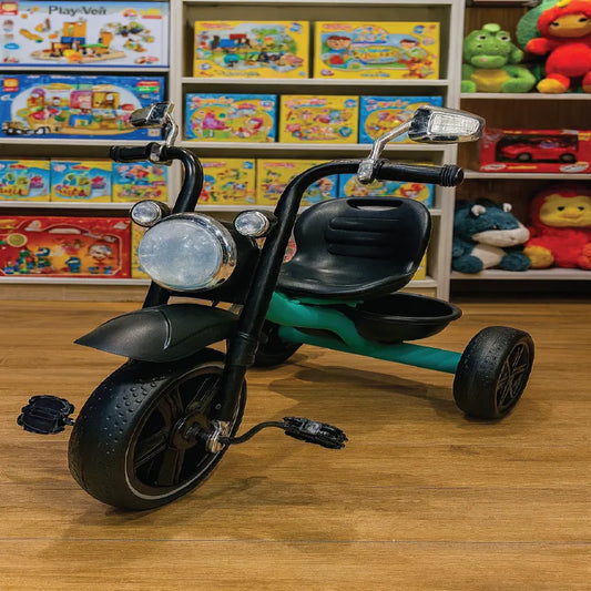 Motorbike Style Kids Tricycle with Side Mirrors &  Strong Steel Frame – Black &  Green (3–7 Years)