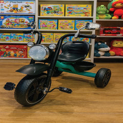 Motorbike Style Kids Tricycle with Side Mirrors &  Strong Steel Frame – Black &  Green (3–7 Years)