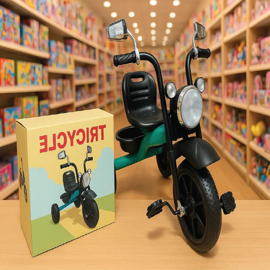 Motorbike Style Kids Tricycle with Side Mirrors &  Strong Steel Frame – Black &  Green (3–7 Years)