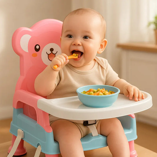 Baby Feeding Chair with Cartoon Bear Backrest – Portable Toddler Dining Seat with Tray & Safety Belt