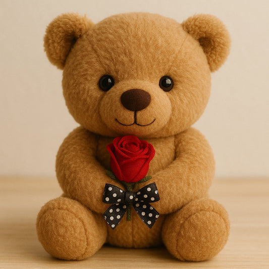 Brown Teddy Bear with Red Rose (35–40 cm) – Cute Romantic Plush Gift
