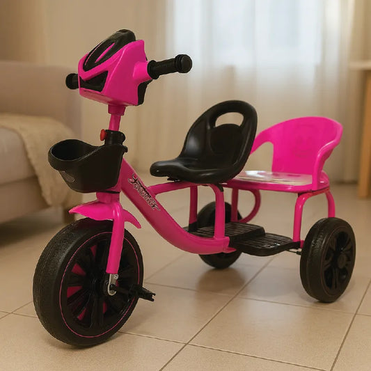 Two-Seater Tricycle for Kids – Dual Seat Design with Storage Basket – Pink