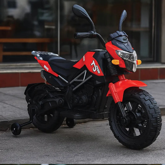 Kids Electric Ride-On Sports Bike – Rechargeable Battery Motorcycle with LED Lights, Training Wheels & Music (Red & Black, Ages 3–8 Years)