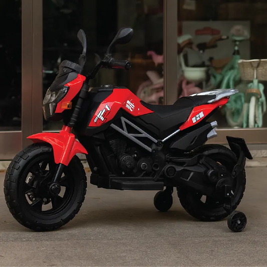 Kids Electric Ride-On Sports Bike – Rechargeable Battery Motorcycle with LED Lights, Training Wheels & Music (Red & Black, Ages 3–8 Years)