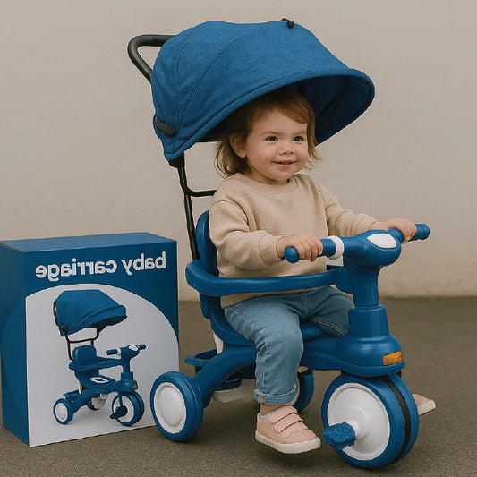 Baby Carriage Style Tricycle with Safety Canopy & Parent Push Handle – Kids Ride-On (Blue)