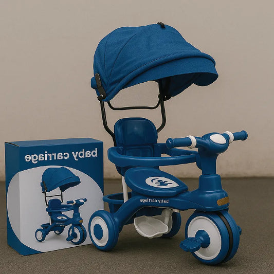Kids Tricycle with Safety Canopy – Toddler Ride-On Trike with Push Handle & Comfortable Seat (Blue)