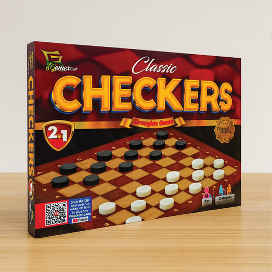 2 in 1 Classic Checkers and Ludo Board Game Set – Wooden Board with Coins and Dice
