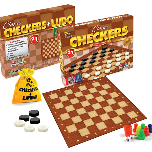 2 in 1 Classic Checkers and Ludo Board Game Set – Wooden Board with Coins and Dice
