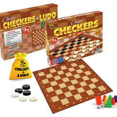 2 in 1 Classic Checkers and Ludo Board Game Set – Wooden Board with Coins and Dice