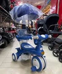 Kids Tricycle with Safety Canopy – Toddler Ride-On Trike with Push Handle & Comfortable Seat (Blue)