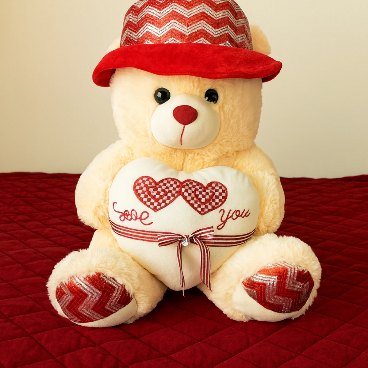 Valentine Teddy Bear with Heart & Hat (40–60 cm) – Soft Plush Gift for Love