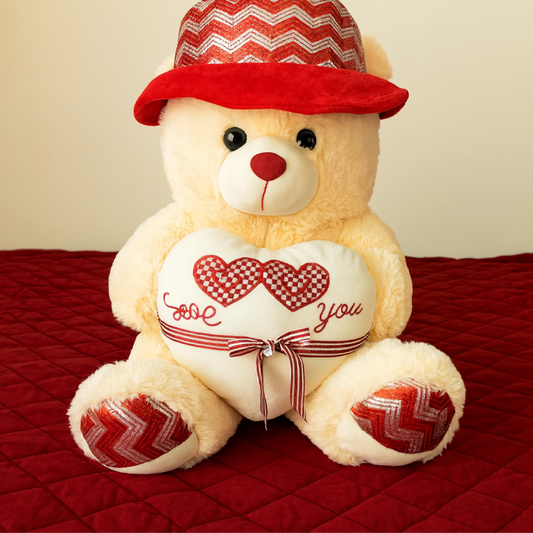 Valentine Teddy Bear with Heart & Hat (40–60 cm) – Soft Plush Gift for Love