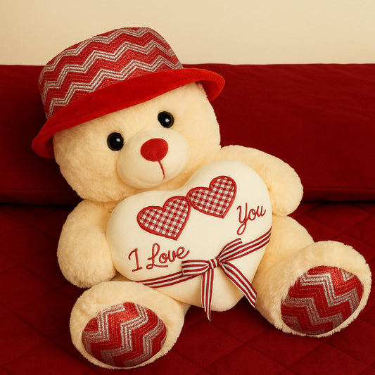Valentine Teddy Bear with Heart & Hat (40–60 cm) – Soft Plush Gift for Love