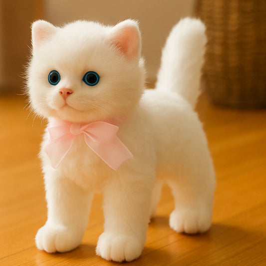 White Plush Cat Toy with Pink Ribbon (25–35 cm) – Cute Stuffed Kitty Gift