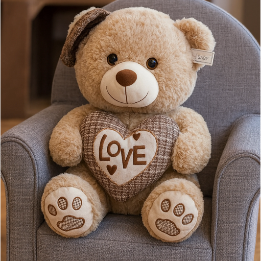 Brown Teddy Bear with LOVE Heart Cushion (60–80 cm) – Plush Gift for Kids & Couples