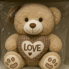Brown Teddy Bear with LOVE Heart Cushion (60–80 cm) – Plush Gift for Kids & Couples