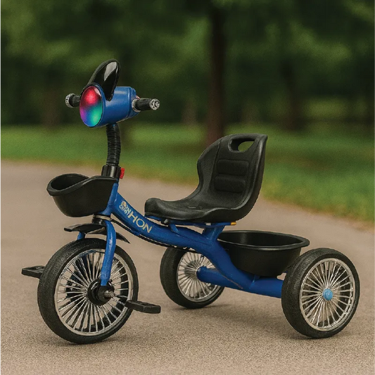 HON Blue Steel Kids Tricycle with LED Light &  Basket – Strong & Stylish Ride-On for Toddlers