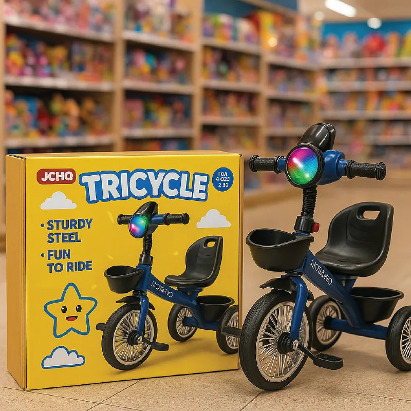 HON Blue Steel Kids Tricycle with LED Light &  Basket – Strong & Stylish Ride-On for Toddlers