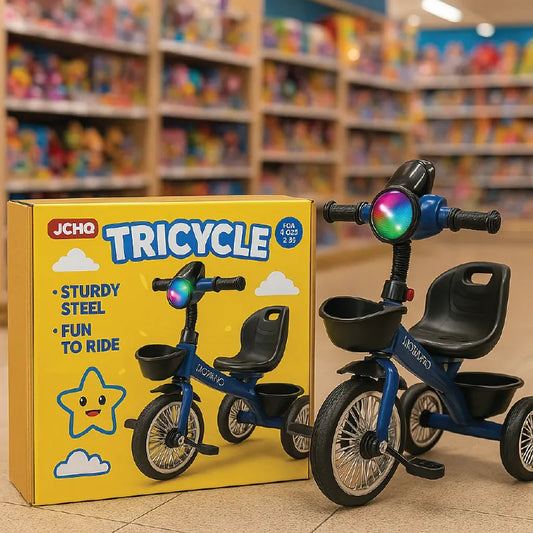 HON Blue Steel Kids Tricycle with LED Light &  Basket – Strong & Stylish Ride-On for Toddlers