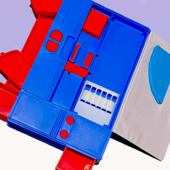 Blue and red pencil box parts on a white background