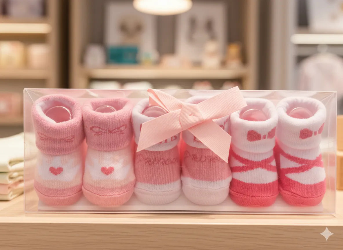 Set of pink baby socks with hearts and bows in a clear box on a wooden surface.