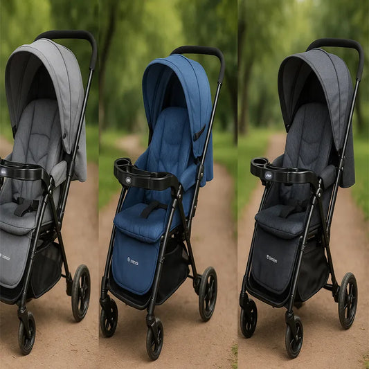 Modern Baby Stroller – Lightweight Foldable Pram with Canopy, Tray & Storage Basket (Grey, Blue, Dark Grey)