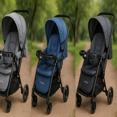 Modern Baby Stroller – Lightweight Foldable Pram with Canopy, Tray & Storage Basket (Grey, Blue, Dark Grey)