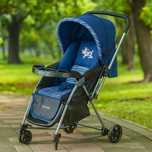 Navy Blue Baby Stroller  Foldable Lightweight Pram with Safety Belt, Tray & Storage Basket