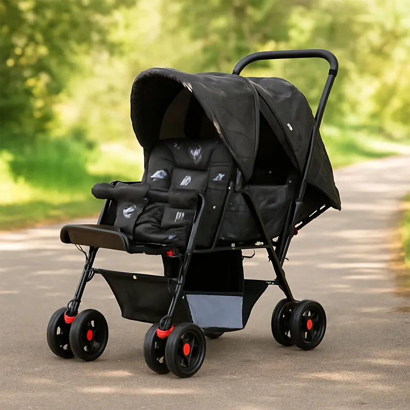 Black Premium Baby Stroller – Foldable Travel Pram with Extra Padding, Tray & Storage Basket