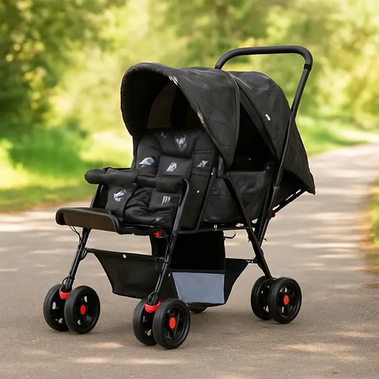 Black Premium Baby Stroller – Foldable Travel Pram with Extra Padding, Tray & Storage Basket