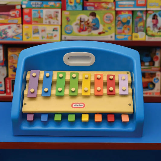 Colorful toy keyboard with a blue frame on a blue surface, surrounded by toy boxes in the background.