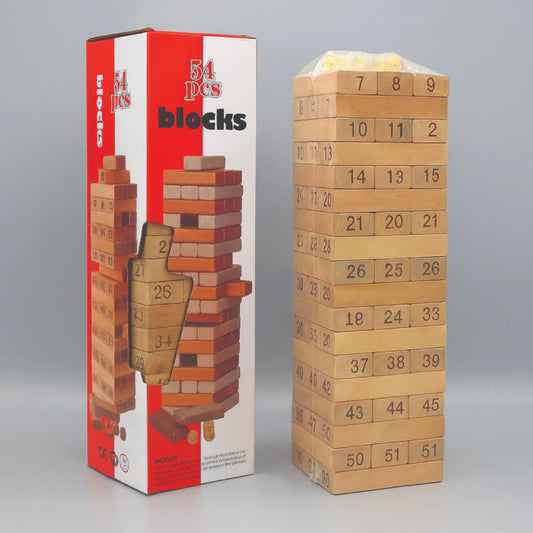54 Pcs Wooden Number Blocks Game – Educational Jenga Style Tower for Kids & Family