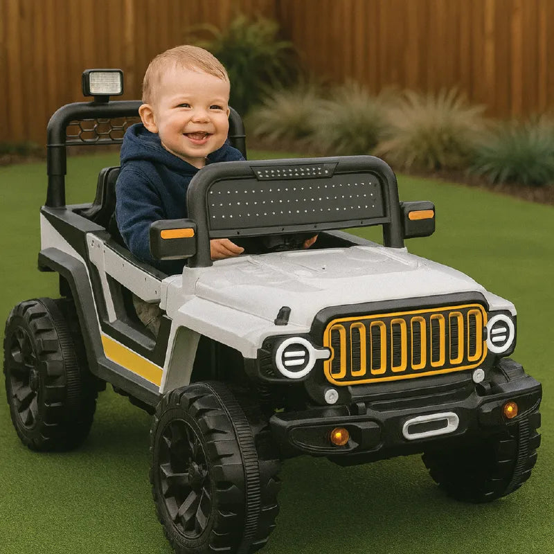 Kids White Jeep Style Electric Ride-On Car – 12V Battery Powered with Remote, LED Lights &amp; Big Wheels