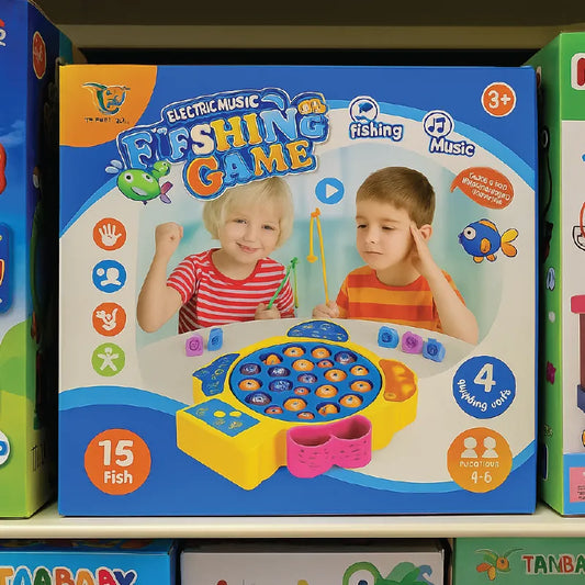 Fishing Game Set – Electric Rotating Magnetic Fish Catching Toy with Music & Lights (15 Fish, 3+ Years)