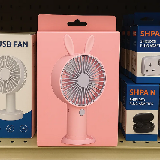 Cute Bunny Ear Mini Fan – Portable USB Rechargeable Desk & Handheld Fan (Pink)