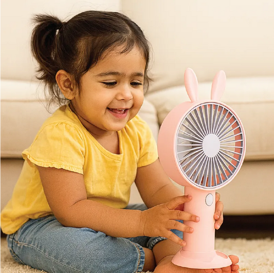 Cute Bunny Ear Mini Fan – Portable USB Rechargeable Desk & Handheld Fan (Pink)